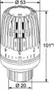 Thermostatkopf mit Klemmverbindung zur Regelung von Heizkörpern, präsentiert von IMI Hydronic Engineering. Abgebildet in Seitenansicht mit verschiedenen Skalenmarkierungen.